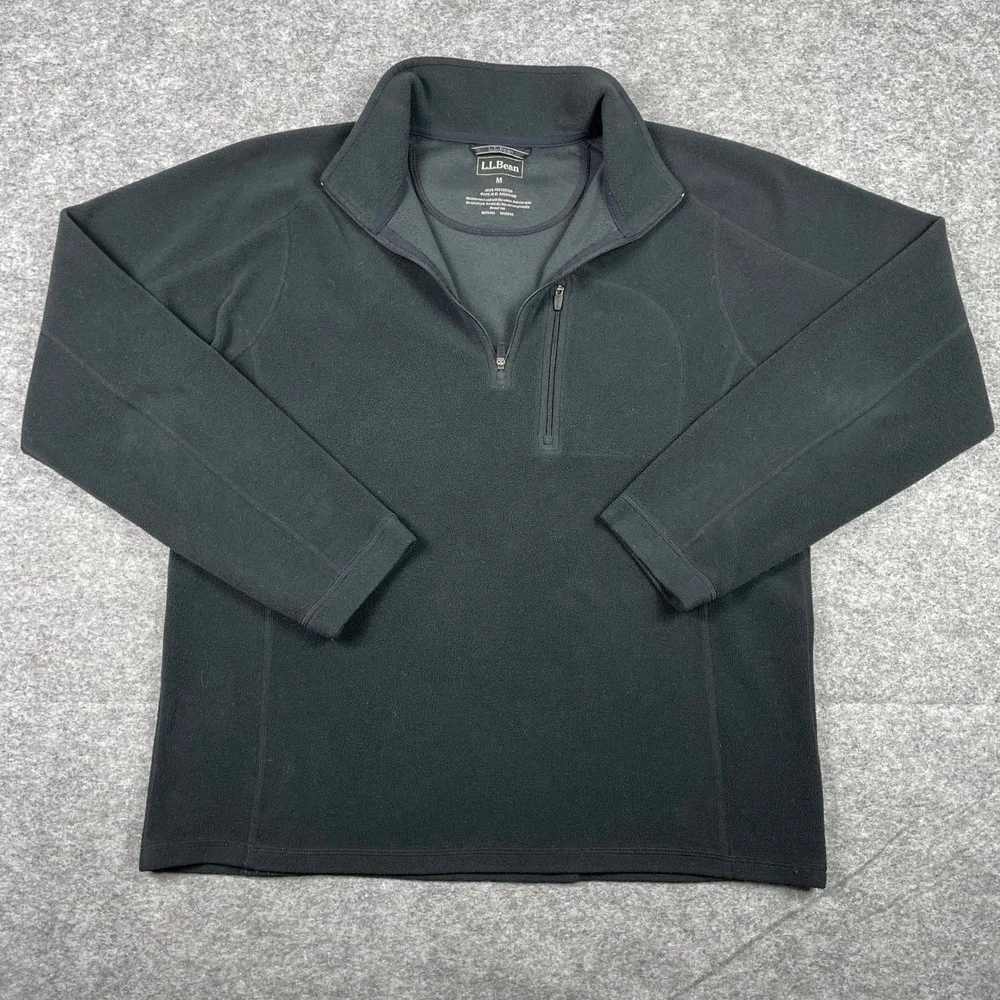 LL Bean Fleece Pullover Mens M Black Quarter Zip Chest Pocket Midweight 13588